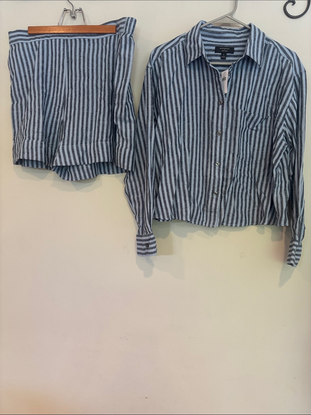 Banana Republic Blue & White Striped Button-Up Shirt with matching shorts